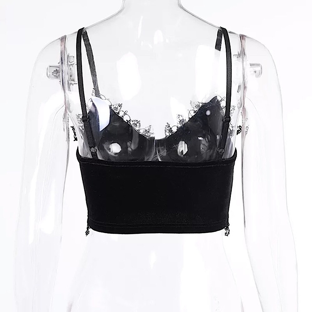 Black velvet cross lace trim crop top - Picture 16 of 16